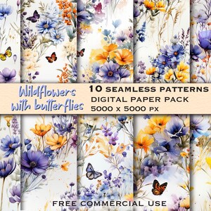 Motivi di fiori selvatici senza soluzione di continuità, bundle di design senza soluzione di continuità di farfalle e fiori, pacchetto di carta digitale floreale, download digitali di clipart di fiori selvatici