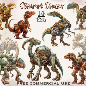 Könnte beinhalten: Ein Set mit 14 digitalen Bildern von Steampunk-Dinosauriern. Die Dinosaurier sind in verschiedenen Posen und mit aufwendigen mechanischen Details dargestellt. Die Bilder eignen sich perfekt für die Verwendung in digitaler Kunst, Kunsthandwerk und Designprojekten.