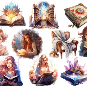 May include: A collection of illustrations featuring open books with magical elements, including a glowing book with a castle in the background, a book with a castle emerging from its pages, and a book with a magical aura. There are also illustrations of people reading books in various settings.