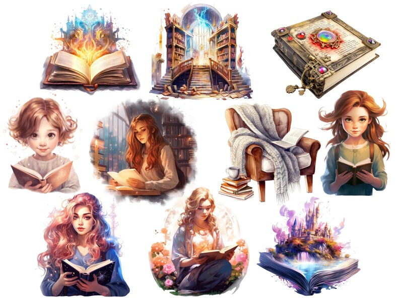 May include: A collection of illustrations featuring open books with magical elements, including a glowing book with a castle in the background, a book with a castle emerging from its pages, and a book with a magical aura. There are also illustrations of people reading books in various settings.