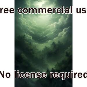 May include: A digital illustration of a dark green forest with a bright light shining through the clouds above. The text "Free commercial use" and "No license required" is written in black at the top and bottom of the image.