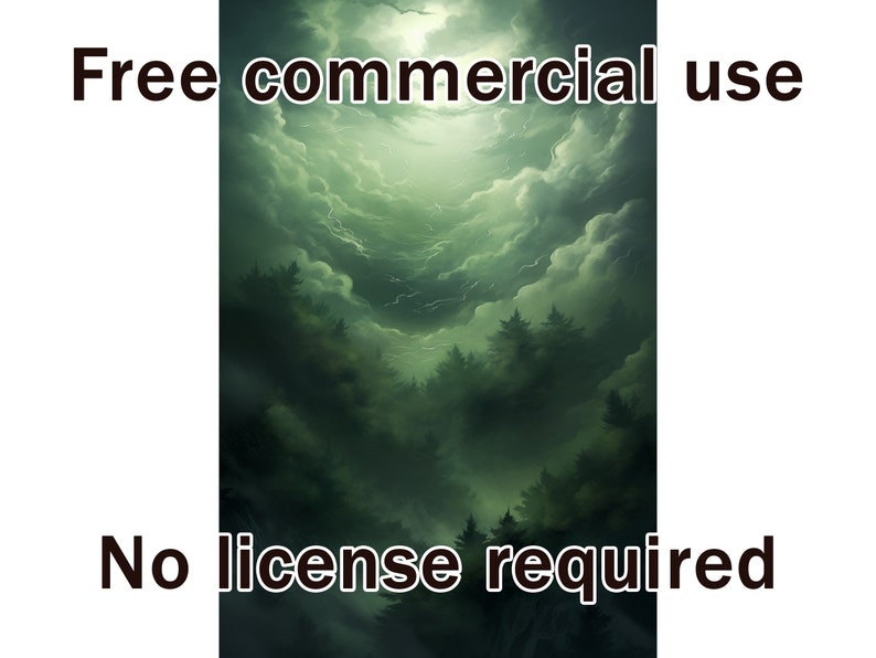 May include: A digital illustration of a dark green forest with a bright light shining through the clouds above. The text "Free commercial use" and "No license required" is written in black at the top and bottom of the image.