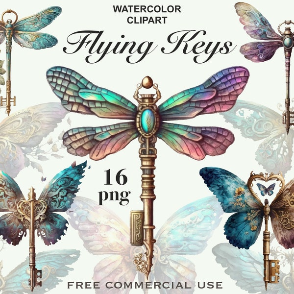 Fairy wings clipart, Flying key clipart, Butterfly wings png, Dragonfly wings png, Antique key clipart, Magic gold key, Key ornament