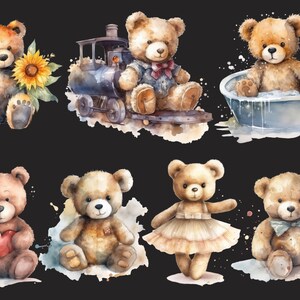 May include: A collection of seven watercolor illustrations of brown teddy bears in various poses. One bear is riding a toy train, another is taking a bath, and another is holding a heart. The bears are all surrounded by watercolor splatters.