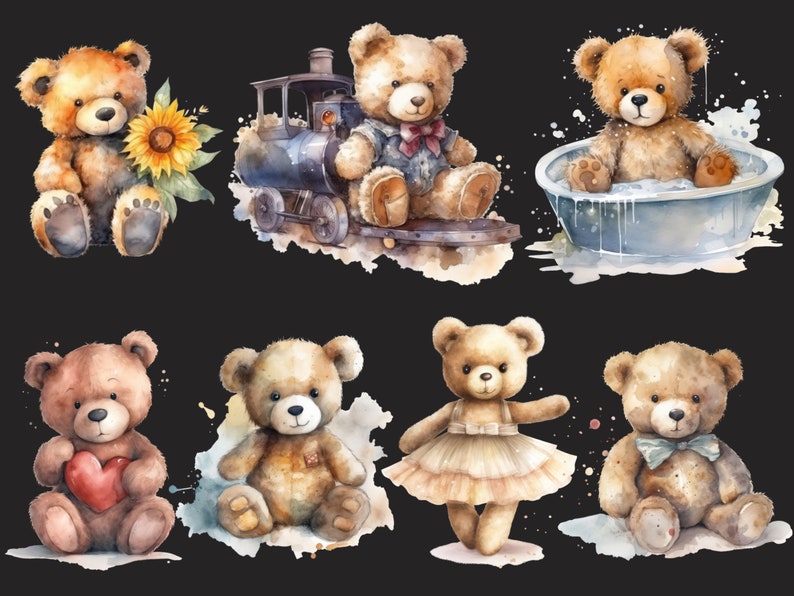 May include: A collection of seven watercolor illustrations of brown teddy bears in various poses. One bear is riding a toy train, another is taking a bath, and another is holding a heart. The bears are all surrounded by watercolor splatters.