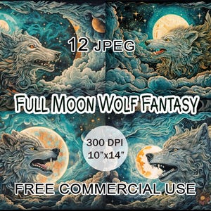 Lobo da Lua Cheia Fantasia Clipart com Estética de Tapeçaria Celestial | 12 Fundo JPEG de Céu Noturno Místico, Uso Comercial Gratuito