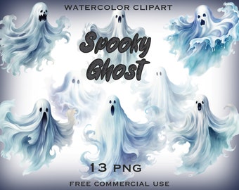 Spooky Geist Png Bundle, Aquarell Geister Clipart, Halloween Horror Bilder Pack, mystische druckbare Kunst für Collage, freie kommerzielle Nutzung