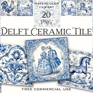 Imágenes prediseñadas de azulejos de cerámica de Delft, paquete de azulejos decorativos blancos y azules para decoración del hogar png para diseño, collage, álbumes de recortes, etc., uso comercial gratuito