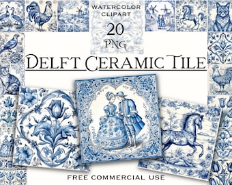 Clipart de carreaux de céramique de Delft, lot de png de carreaux d'ornement blancs et bleus pour la décoration, le collage, le scrapbooking, etc., usage commercial gratuit