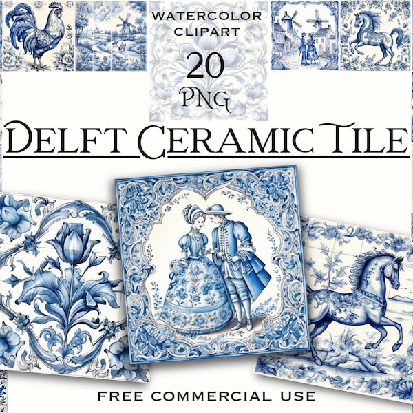 Delft ceramic tile clipart, Home decor white & blue ornament tiles png bundle for design, collage, scrapbooking etc., Free commercial use