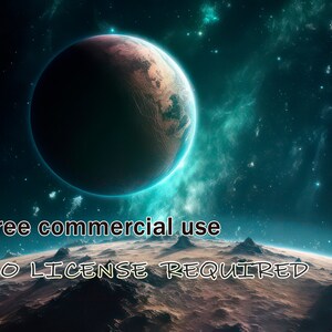 May include: A digital illustration of a planet in space with a blue and green nebula in the background. The text "Free commercial use NO LICENSE REQUIRED" is written on the planet's surface.