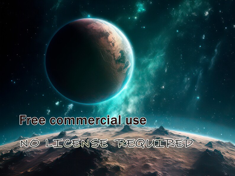 May include: A digital illustration of a planet in space with a blue and green nebula in the background. The text "Free commercial use NO LICENSE REQUIRED" is written on the planet's surface.