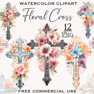 May include: Twelve watercolor floral cross illustrations in various colors, including pink, blue, purple, and yellow. The crosses are ornate and feature intricate details. The text "Floral Cross 12 PNG" is displayed above the crosses. The text "FREE COMMERCIAL USE" is displayed below the crosses.