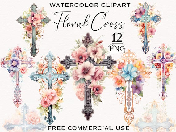 Floral cross PNG bundle, Christian cross png, Digital Christian art, Floral religious clipart, Watercolor flower clipart, Religious png