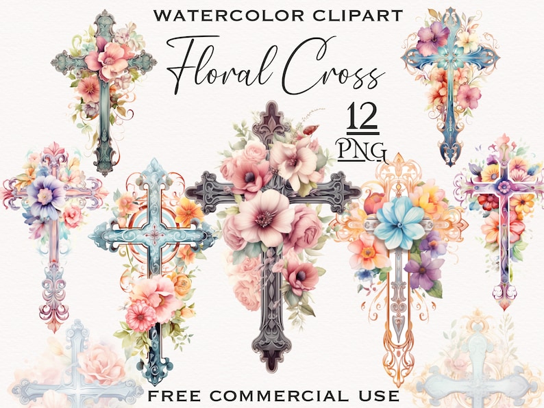 May include: Twelve watercolor floral cross illustrations in various colors, including pink, blue, purple, and yellow. The crosses are ornate and feature intricate details. The text "Floral Cross 12 PNG" is displayed above the crosses. The text "FREE COMMERCIAL USE" is displayed below the crosses.