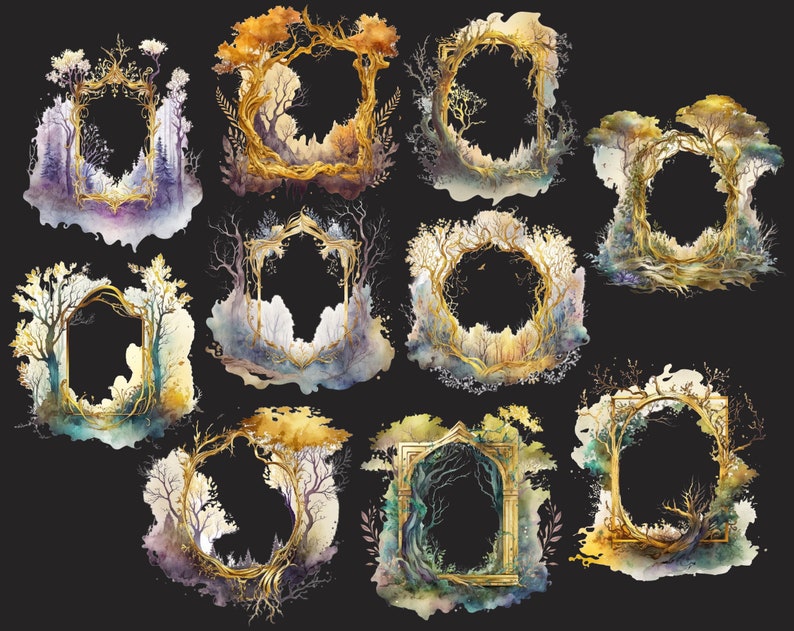 May include: A collection of ten watercolor illustrations featuring ornate, golden-framed portals with a forest theme. Each frame is uniquely designed with tree branches, foliage, and a mystical forest backdrop, set against a dark background.