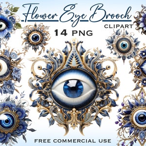 Flower Eye broche clipart, Hekserij op zoek naar bloemensieraden bundel png-afbeeldingen, Magisch boze oog afdrukbare illustraties, Gratis commercieel gebruik