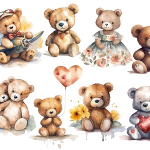 May include: Watercolor illustration of nine teddy bears in various poses. Some bears are wearing accessories like hats, bow ties, and dresses. One bear is holding a heart-shaped balloon. The bears are painted in shades of brown, gray, and white.