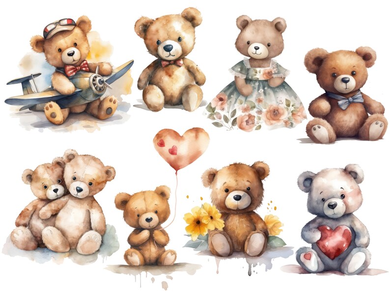 May include: Watercolor illustration of nine teddy bears in various poses. Some bears are wearing accessories like hats, bow ties, and dresses. One bear is holding a heart-shaped balloon. The bears are painted in shades of brown, gray, and white.