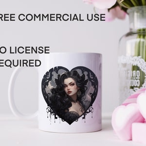 May include: White ceramic mug with a black heart design featuring a woman with long black hair and a black dress. The text "FREE COMMERCIAL USE NO LICENSE REQUIRED" is printed above the mug.