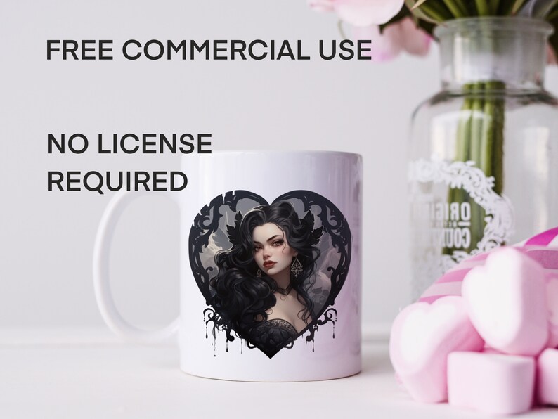 May include: White ceramic mug with a black heart design featuring a woman with long black hair and a black dress. The text "FREE COMMERCIAL USE NO LICENSE REQUIRED" is printed above the mug.