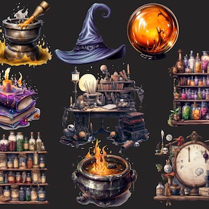 May include: A collection of witchy items including a mortar and pestle, a cauldron, a witch's hat, a crystal ball, a book of spells, a shelf of potion bottles, and a clock with a skull.