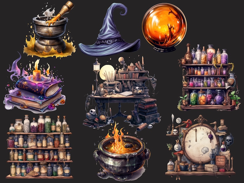 May include: A collection of witchy items including a mortar and pestle, a cauldron, a witch's hat, a crystal ball, a book of spells, a shelf of potion bottles, and a clock with a skull.