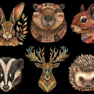 May include: A collection of seven illustrated animal heads with intricate patterns and details. The animals include a rabbit, a beaver, a squirrel, a deer, a badger, and a hedgehog. The illustrations are in a variety of colors, including brown, orange, green, and blue.