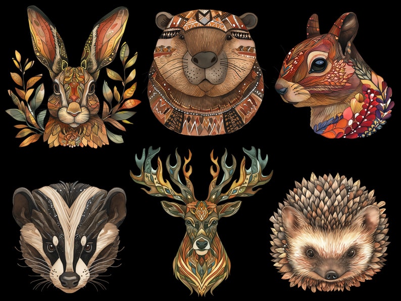 May include: A collection of seven illustrated animal heads with intricate patterns and details. The animals include a rabbit, a beaver, a squirrel, a deer, a badger, and a hedgehog. The illustrations are in a variety of colors, including brown, orange, green, and blue.
