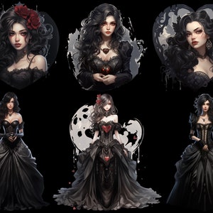 May include: A collection of six digital illustrations featuring a woman with long black hair wearing a black dress and holding a red heart. The illustrations are set against a black background with various decorative elements.