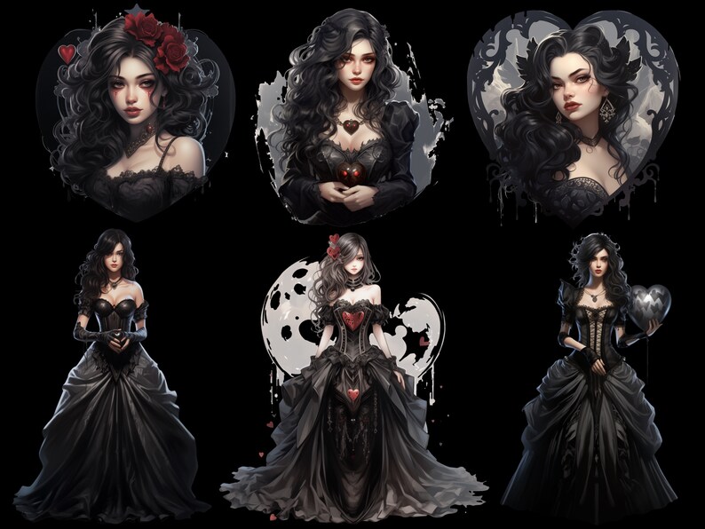May include: A collection of six digital illustrations featuring a woman with long black hair wearing a black dress and holding a red heart. The illustrations are set against a black background with various decorative elements.