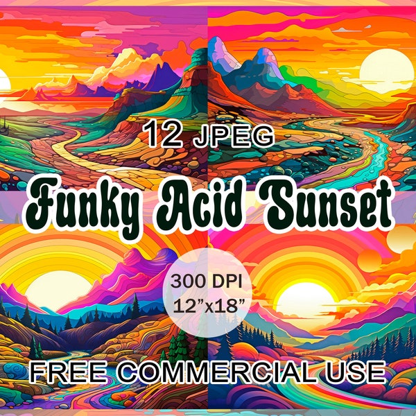Funky Acid Sunset clipart, Psychedelic printable landscape art, Psy retro groovy mountains images, Digital trippy art, Free commercial use