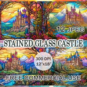 Stained glass medieval castle clipart, Magic kingdom fairytale landscape medieval clipart, Modern gothic art, Fantasy landscape art