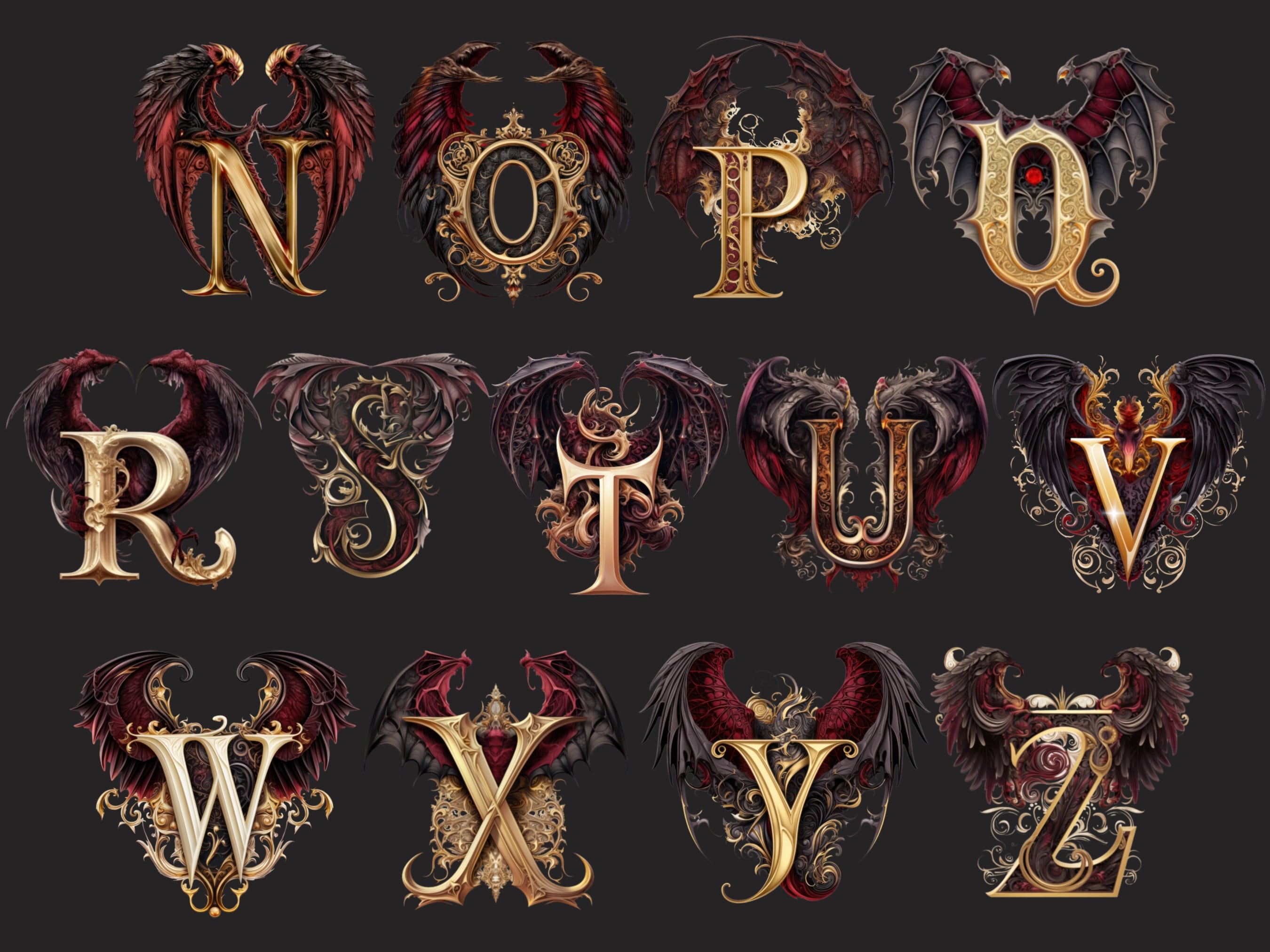 Demonic Gothic Alphabet Clipart, Dark Aesthetic Letters Png Bundlle ...