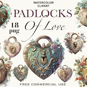 Può includere: 18 immagini clipart ad acquerello di lucchetti a forma di cuore adornati con fiori. Il testo "Padlocks of Love" è visualizzato in un carattere decorativo. Uso commerciale gratuito.