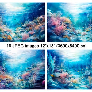 Może przedstawiać: Cyfrowa ilustracja podwodnej sceny z rafami koralowymi, kolorowymi rybami i jasnoniebieskim niebem nad nimi. Obraz jest cyfrowym tłem do fotografii.