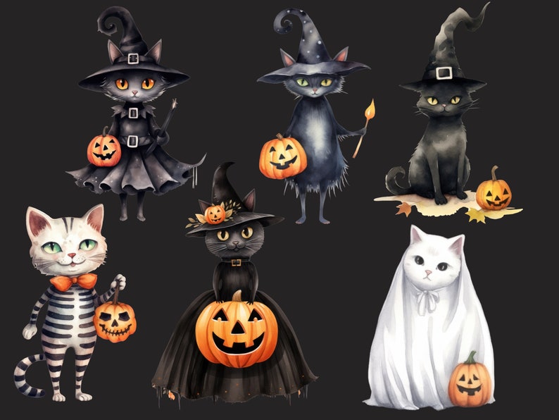 May include: A set of seven Halloween-themed illustrations featuring black cats dressed as witches and ghosts, holding jack-o'-lanterns. The illustrations are painted in a watercolor style.