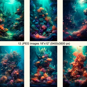 Puede incluir: Una escena submarina vibrante con arrecifes de coral en tonos naranja, rosa y morado. El coral est&aacute; rodeado de agua azul y peque&ntilde;os peces.