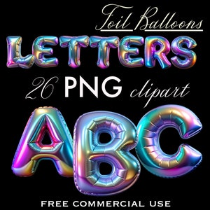 Holographische Folienballon Buchstaben PNG Bundle, Geburtstagseinladung irisierende Buchstaben Png, digitales Alphabet Clipart, sofortiger Download Png