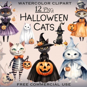 May include: Twelve watercolor illustrations of Halloween cats in various costumes. The cats are holding pumpkins and wearing witch hats, ghost costumes, and striped outfits. The text "WATERCOLOR CLIPART 12 PNG HALLOWEEN CATS FREE COMMERCIAL USE" is at the top and bottom of the image.