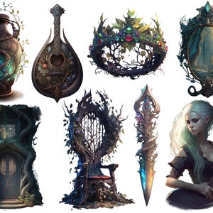May include: A collection of fantasy themed items, including a crown, a throne, a sword, a mirror, a vase, a door, a lute, and a woman playing a lute. The items are all made of wood and metal and are decorated with vines, leaves, and flowers.