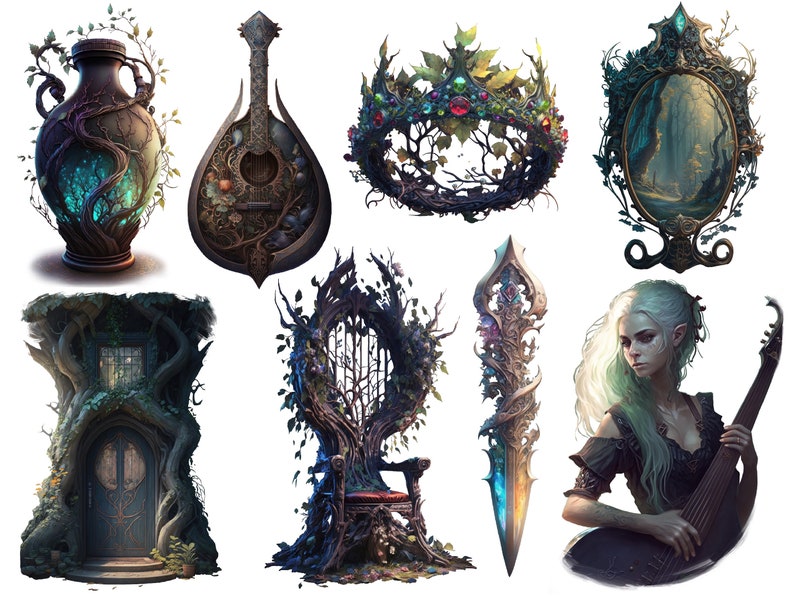 May include: A collection of fantasy themed items, including a crown, a throne, a sword, a mirror, a vase, a door, a lute, and a woman playing a lute. The items are all made of wood and metal and are decorated with vines, leaves, and flowers.