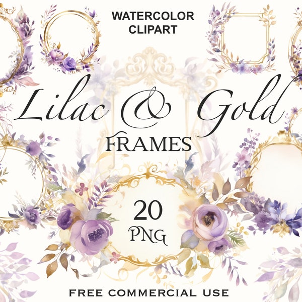 Lilac flower frame, Gold frame clipart, Flower frame png, Lilac floral clipart, Flower clipart, Watercolor clipart, Commercial license