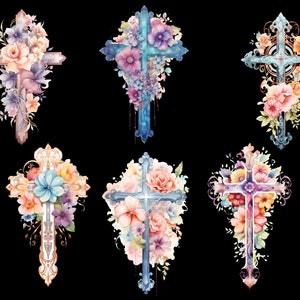 May include: Six watercolor illustrations of crosses adorned with colorful flowers. The crosses are in various styles and colors, including blue, white, and gold. The flowers are a mix of pink, purple, blue, and yellow.