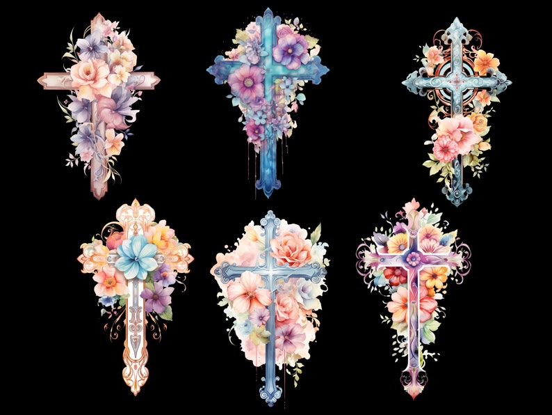 May include: Six watercolor illustrations of crosses adorned with colorful flowers. The crosses are in various styles and colors, including blue, white, and gold. The flowers are a mix of pink, purple, blue, and yellow.