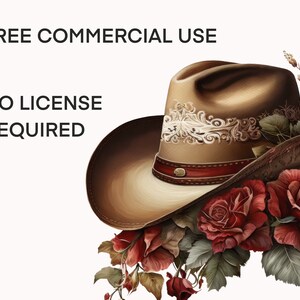 May include: A brown cowboy hat with a white and red band, adorned with a floral arrangement of red roses and green leaves. The text "FREE COMMERCIAL USE NO LICENSE REQUIRED" is visible in the background.