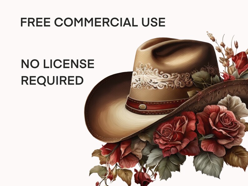 May include: A brown cowboy hat with a white and red band, adorned with a floral arrangement of red roses and green leaves. The text "FREE COMMERCIAL USE NO LICENSE REQUIRED" is visible in the background.