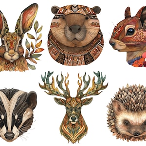 May include: A set of six illustrated animal heads with intricate patterns and colors. The animals include a rabbit, beaver, squirrel, deer, badger, and hedgehog.