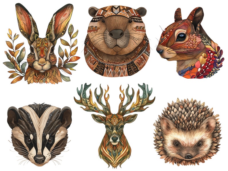 May include: A set of six illustrated animal heads with intricate patterns and colors. The animals include a rabbit, beaver, squirrel, deer, badger, and hedgehog.