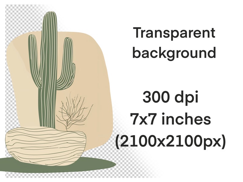 May include: A digital illustration of a green cactus with a brown rock base and a small brown tree in the background. The illustration is set against a beige background.